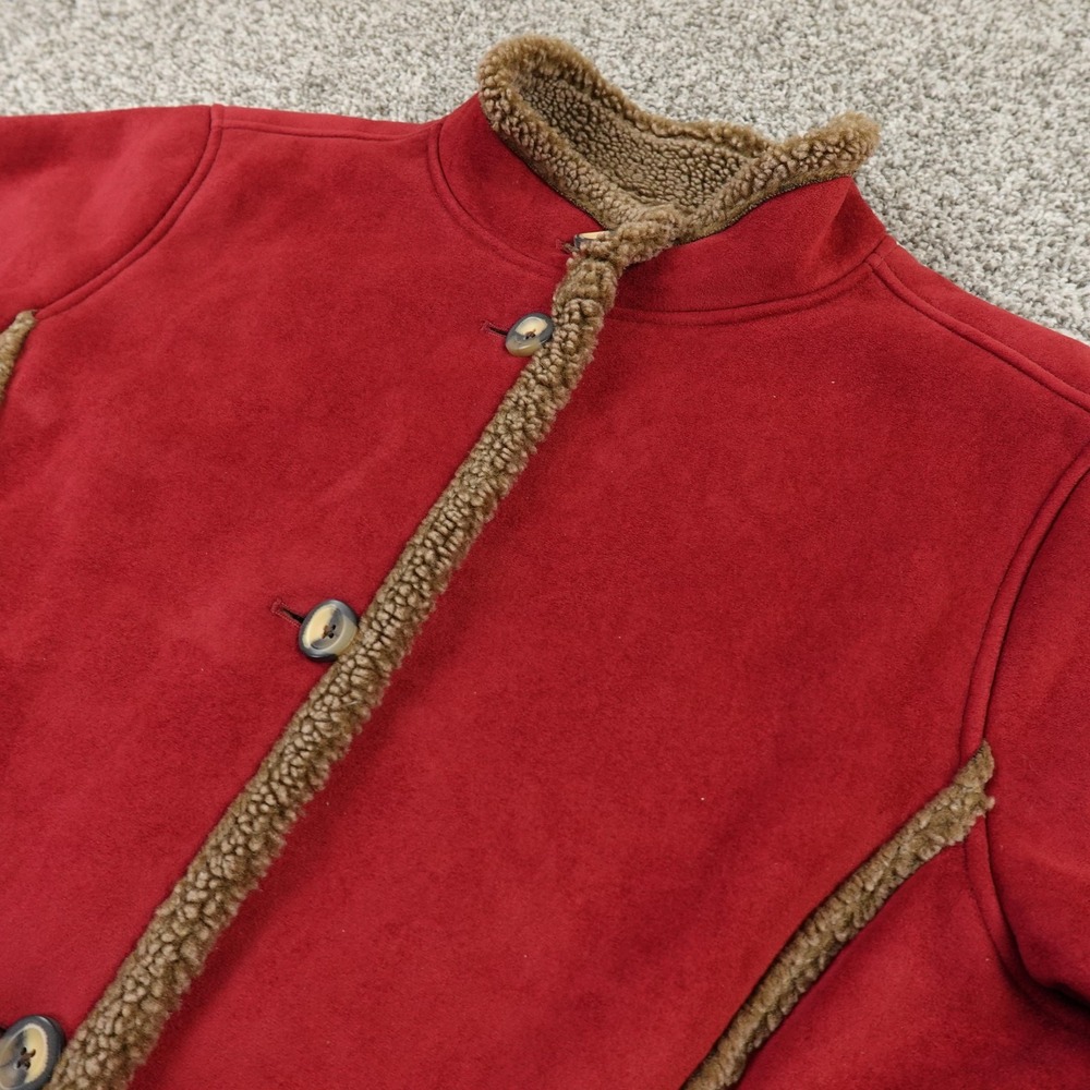 VTG LL Bean Jacket Womens L Red Heavy Sherpa Lined Suede Long Trench Coat‎ Parka
